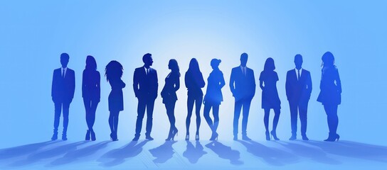 business people and women future technology silhouettes in blue suits standing together, future technology