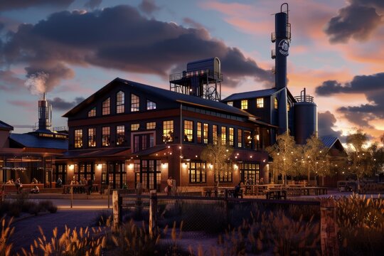 Inviting Nighttime Scene at a Community Brewery with Glowing Lights
