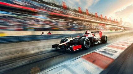 Formula 1 Car Racing at Full Speed on a Professional Circuit Track with Motion Blur and Spectators in Grandstands During Sunny Race Day