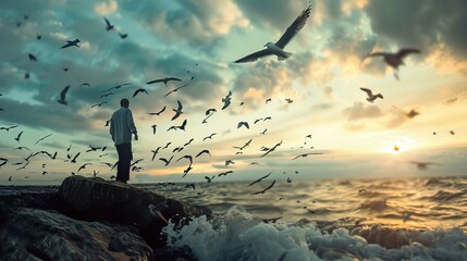 A person stands on a rocky shore facing the ocean as a flock of birds, possibly seagulls, are in flight around them. It appears to be sunset or sunrise due to the warm tones in the sky and the presenc - Powered by Adobe