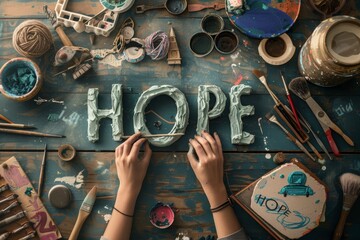 Hands Sculpting the Word HOPE from Clay on an Artistic Workspace