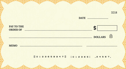 Blank bank check, checkbook cheque template or money payment paper voucher, vector mockup. Business or personal account cash pay cheque certificate or paycheck coupon from checkbook