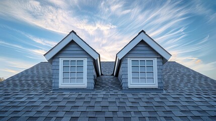 Dormer windows on grey shingled roof with soft clouds