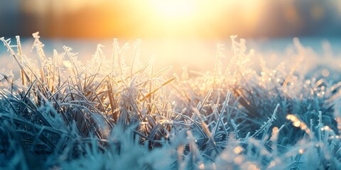 Frost-covered grass sparkling under the golden sunrise light