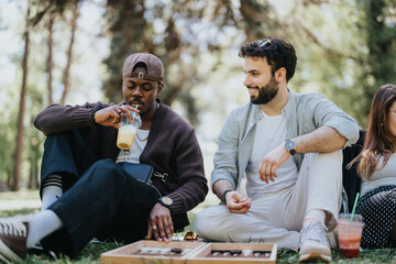 Three multiracial friends gather in a lush park, sharing joyous moments while playing backgammon on...
