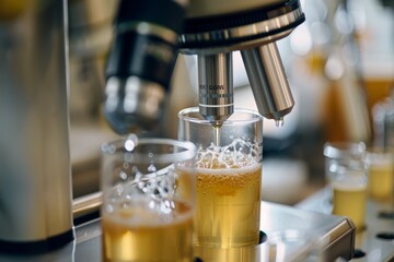 Scientific Precision in Brewing: Examining Yeast Samples Under a Microscope in a Brewery Lab - Powered by Adobe