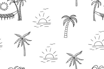 Seamless pattern of different palm trees, suns and hammock. Summer time. Travel design. Adventure. Paradise. Hand drawn vector illustrator. Great for poster, banner, professional design. Doodle style.