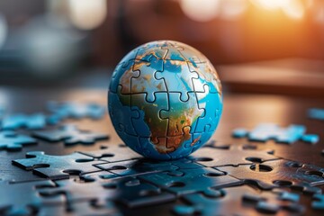 Global Strategy Concept Featuring a Jigsaw Puzzle Globe on Wooden Surface