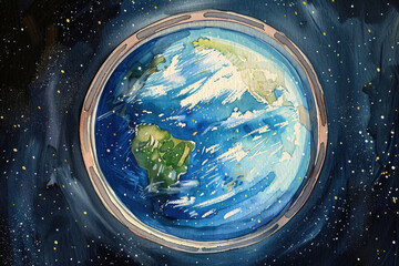 A painting of the Earth suspended in the vastness of space, showcasing its blue oceans, green landmasses, and swirling white clouds