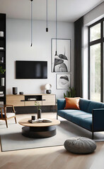 Accent minimalist interior design of a modern living room in constructivist style, background for smartphone and advertising