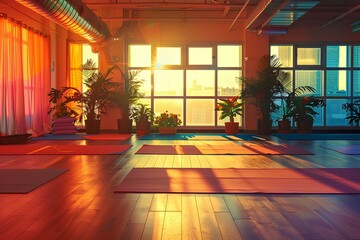 Fototapeta premium The warm sunlight shines through the large windows of the yoga studio, illuminating the room with a golden glow and casting long shadows over the wooden floor.