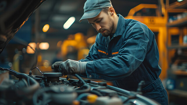 Technician Hands of car mechanic working repair in auto repair Service electric battery and Maintenance of car battery. Check the electrical system inside the car 