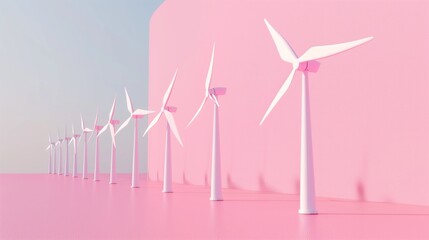 Mini wind turbines line up, pastel backdrop view from an aerial angle.