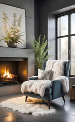 Fototapeta premium An accent chair against a white wall with a fireplace. Loft interior design of a modern living room. background for smartphone and advertising