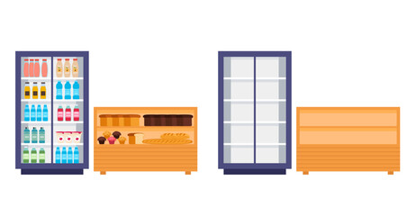 Food grocery product refrigerator empty and full concept. Vector cartoon graphic design element illustration