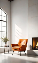 Fototapeta premium An accent chair against a white wall with a fireplace. Loft interior design of a modern living room. background for smartphone and advertising