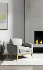 An accent chair against a white wall with a fireplace. Loft interior design of a modern living room. background for smartphone and advertising