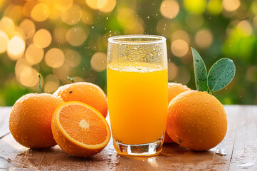 Freshly squeezed orange juice in a glass with oranges and water droplets.
