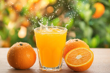 Freshly squeezed orange juice in a glass with oranges. Ice cubes and splashes of water in a glass.