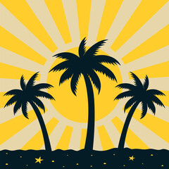 Beach with palm trees. Invitation to a summer beach party with sun and palm trees. Vector illustration.