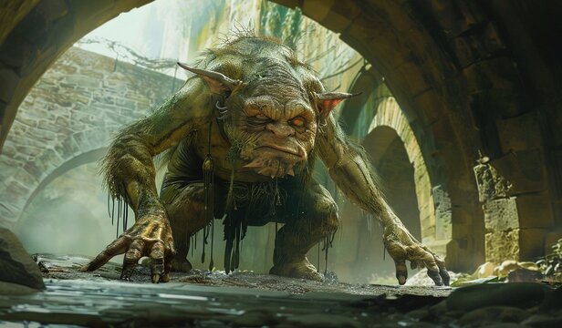 A troll with long fingers and an ugly face crouches under the bridge.