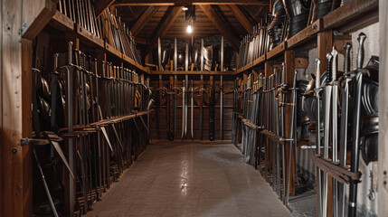 Fototapeta premium Empty historical weapons storage shed with racks for swords and armor, all meticulously preserved but unused.