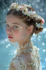 A young girl in a white dress adorned with delicate flowers in her hair stands by the waters edge, mesmerized by the beauty of nature.