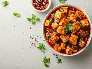 Mapo Tofu on white background with copy space, chiness food