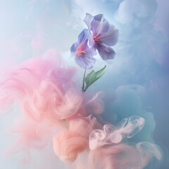 Romantic pastel background with spring fresh flower in a pink and blue smoke.
