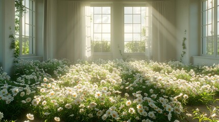 A room overflowing with an abundance of white flowers in full bloom, creating a serene and enchanting atmosphere.
