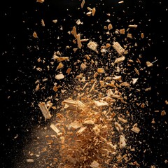 explosion of fine wood chips on black background