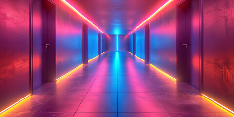 A corridor with LED floor lighting, guiding the way with shifting colors