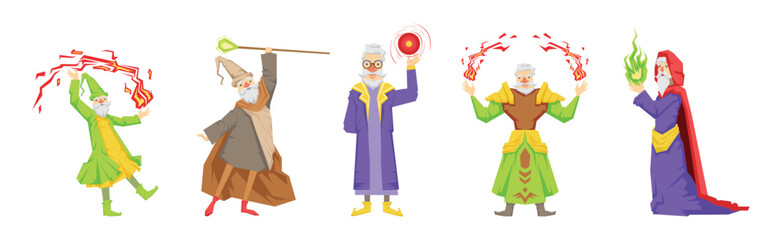 Obraz premium Different Wizard Male Character in Robe Do Spell Vector Set