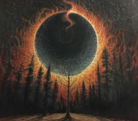 Surreal Art of Tree with Fiery Cosmic Background