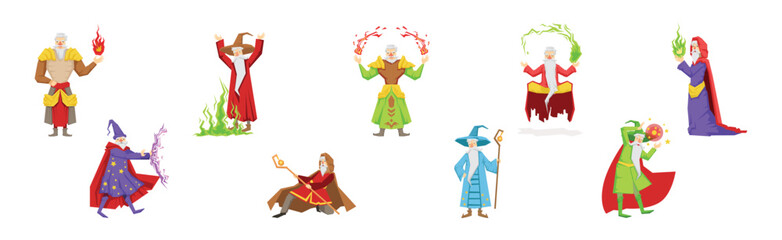 Obraz premium Different Wizard Male Character in Robe Do Spell Vector Set