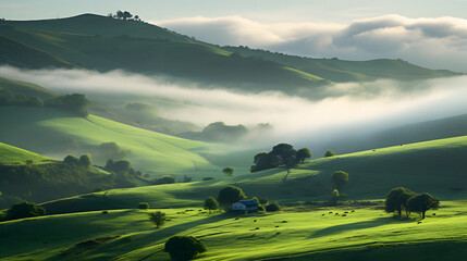 Mist-covered green hills in the early morning, presenting a serene and atmospheric landscape