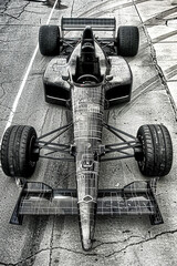 Wireframe Racing Car on Cracked Asphalt: Top-Down Perspective