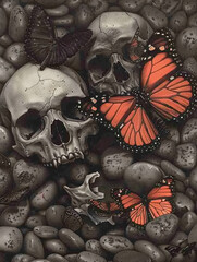 Monochrome Skulls and Butterflies Amongst Stones: Detailed Art