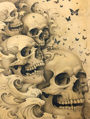 Sepia Tone Artwork of Skulls with Butterflies and Swirls