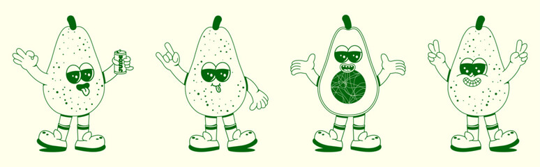 Groovy avocado set. Funny vintage character in trendy retro linear style. Doodle Comic collection.