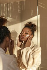 Beautiful woman with black skin tone applying moisturizer, make up skincare product advert on light beige background | glowing clear skin | golden hue