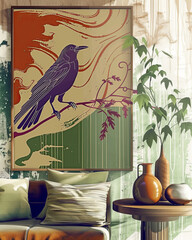 Elegant Purple Raven on Swirly Green and Orange Background