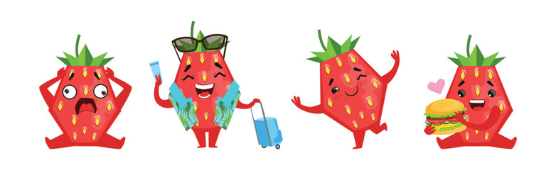 Funny Strawberry Flat Character with Emotion Vector Set