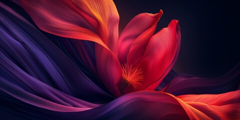 Abstract, A large red and purple gradient tulip-shaped sculpture with flowing curves, Digital art...