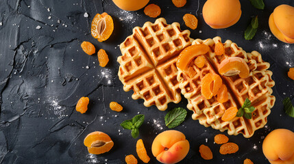 Orange peel and dried apricots waffles on a dark background