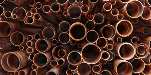 Industry, Copper pipe display showcasing product details and texture with a metallic finish, Close-up of copper pipes with detailed texture and polished surface