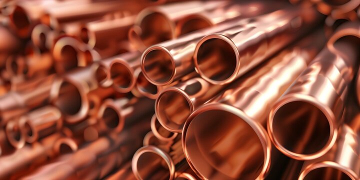 Industry, Copper pipe display showcasing product details and texture with a metallic finish, Close-up of copper pipes with detailed texture and polished surface