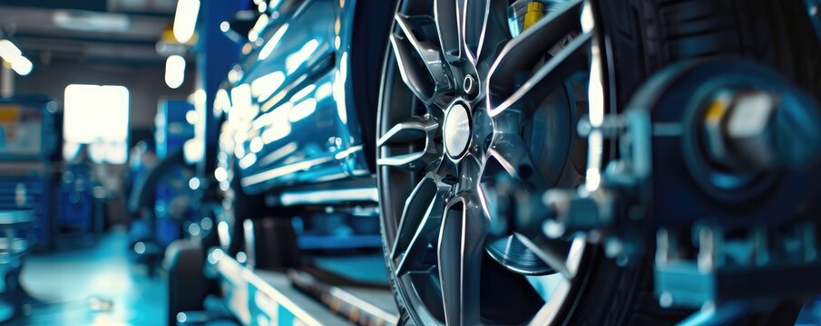 A close up of the car equipment and vehicle wheel , very nice new wheel alignment. - Powered by Adobe