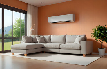 A modern living room with air conditioner for fresh natural energy efficient. An apartment with stylish Sofa for Interior Design.