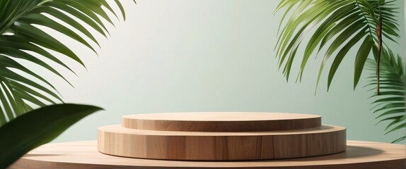Obraz premium Minimal natural wood podium with green palm leaf with sunlight background. Minimal wooden stand for branding and packaging presentation